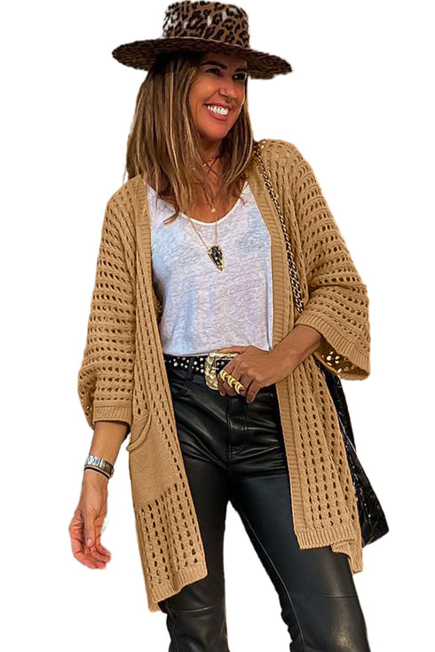 Pointelle Knit Pocket Open Front Cardigan